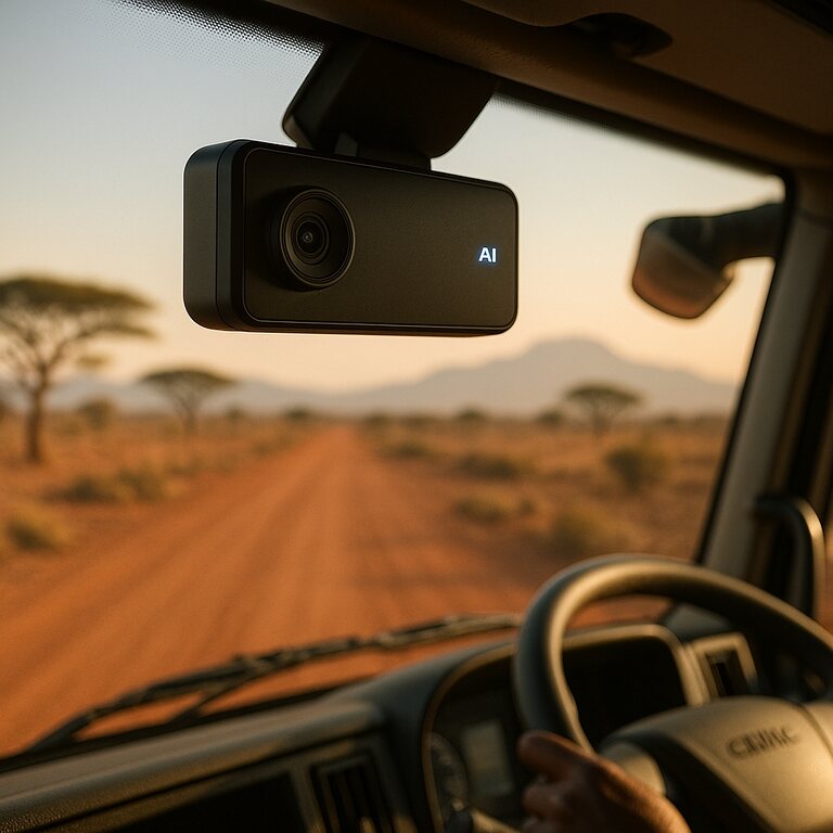 Compagnon PRO SoC — dashcam IA installée sur pare-brise camion CEMAC