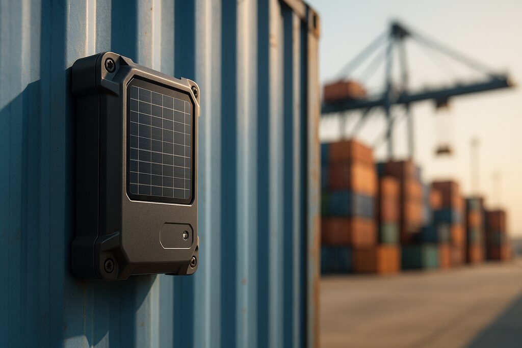 Balise GPS solaire TOPFLY montée sur un conteneur maritime, terminal portuaire