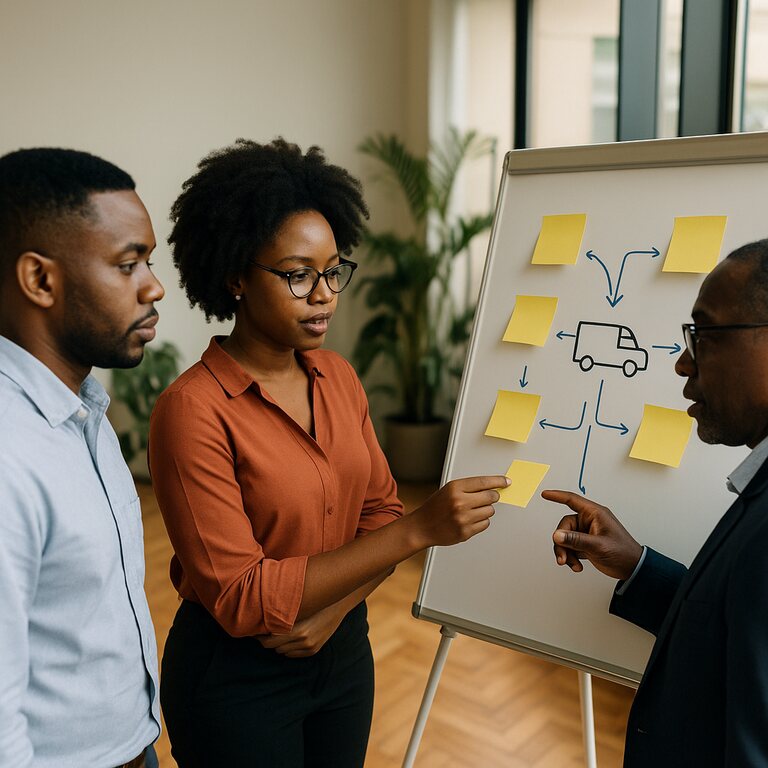 Équipe Malambi modélisant le parcours client au tableau